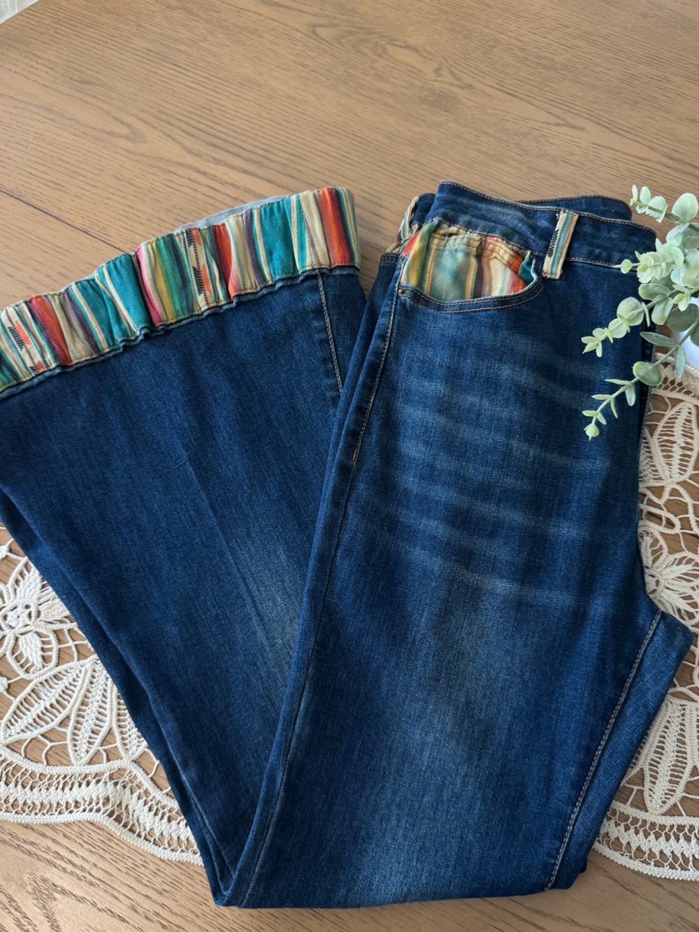 L&B Mid Rise Flare Jeans Size 14 Serape Trim Boho Western Stretch Denim